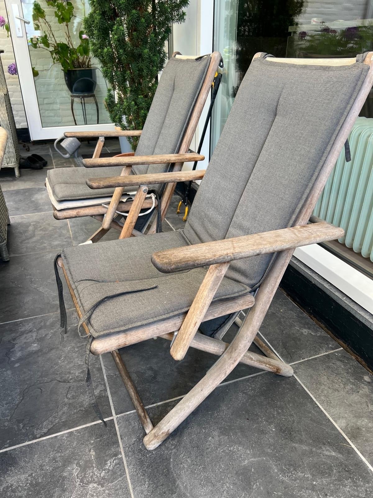 Teakhouten tuinstoelen met kussens, verstelbaar, Tuin en Terras, Tuinstoelen, Ophalen, Gebruikt, Teakhout, Inklapbaar