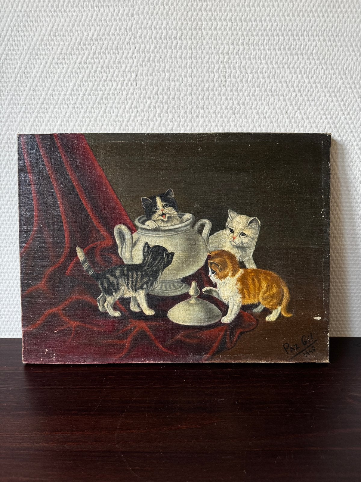Vintage Katten Olieverf Schilderij op Doek, Jaren 40, Poezen, Doek, Dieren, Ophalen of Verzenden, Olieverf