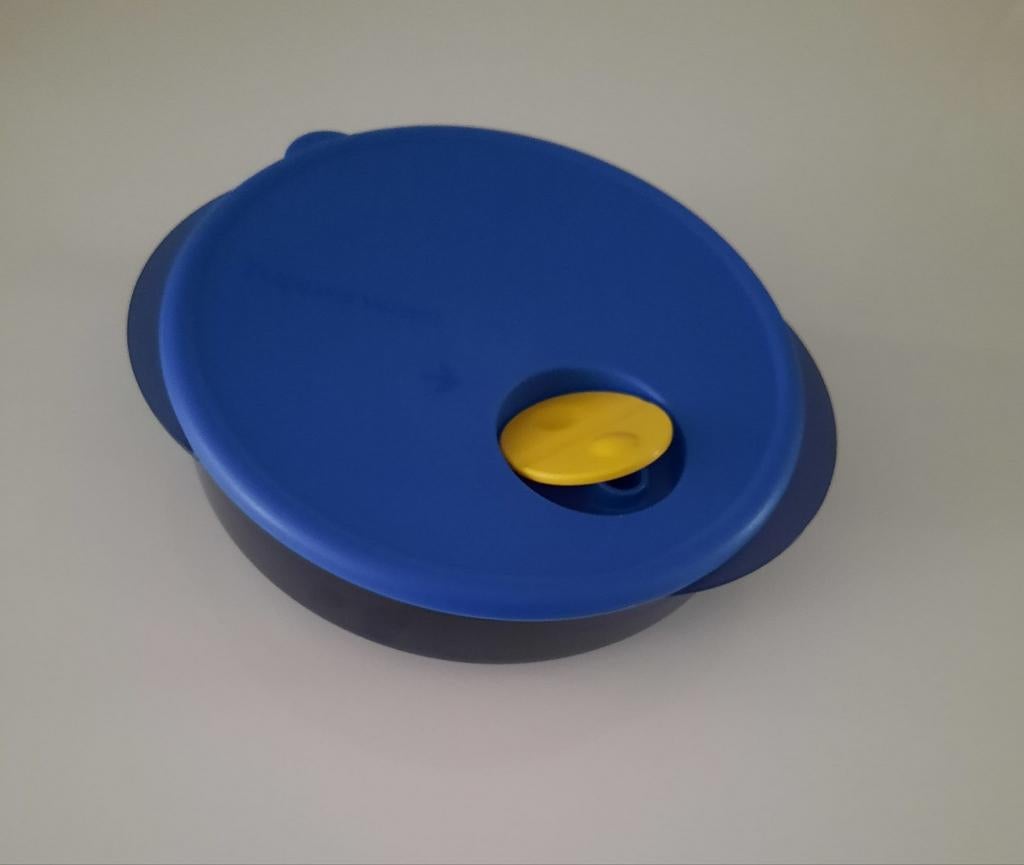 Magnetron schaal met deksel - Blauw/Geel, Ophalen of Verzenden, Gebruikt, Geel, Schaal