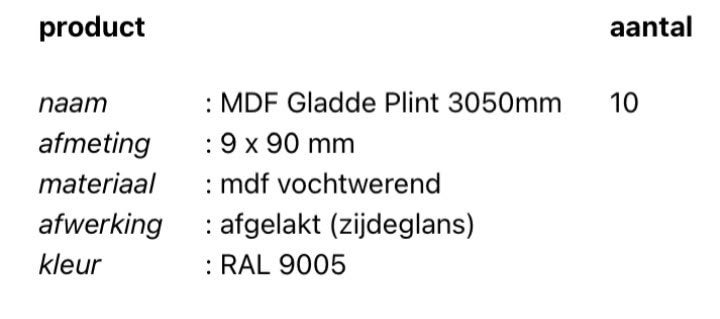 Zwart gelakte MDF plinten (RAL 9005) 3050mm, Ophalen, Nieuw, Mdf, 250 cm of meer