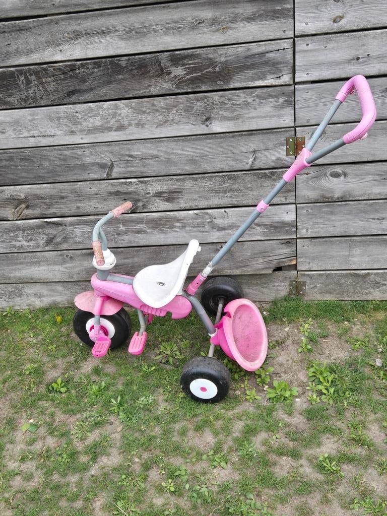Roze driewieler met duwstang voor kinderen, Ophalen of Verzenden, Gebruikt, Duwstang
