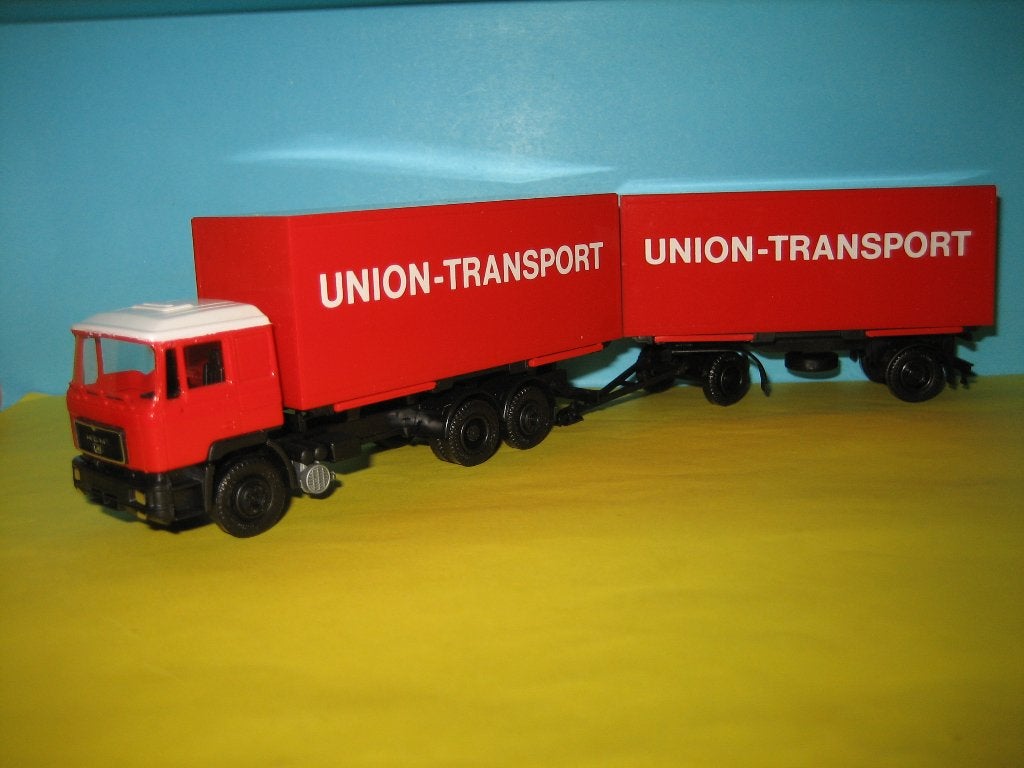 Union  MAN  combi met afzet-bakken  Herpa, Ophalen of Verzenden, Zo goed als nieuw, Bus of Vrachtwagen, Herpa