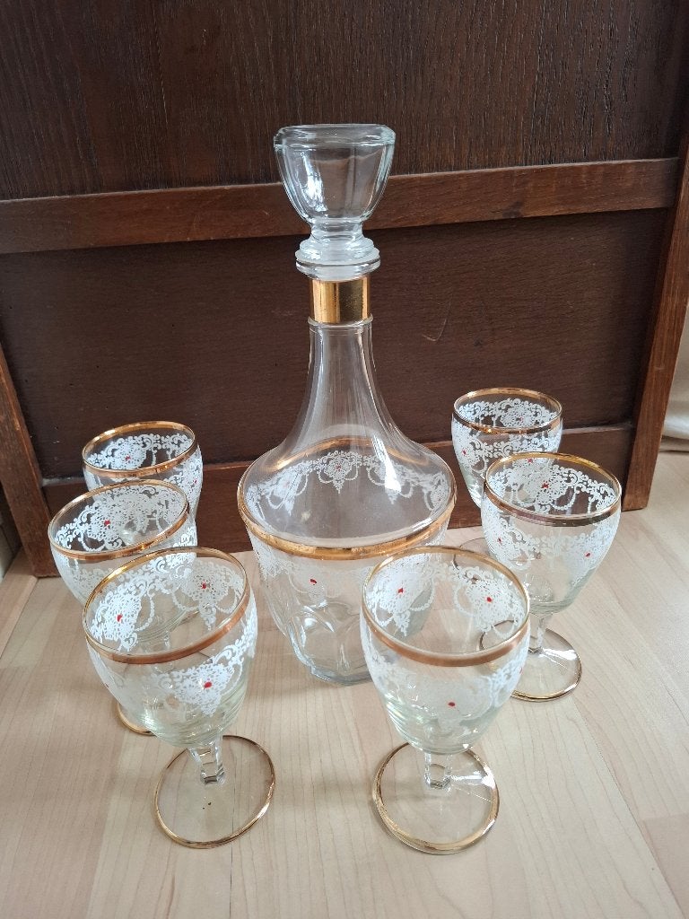 Vintage likeurset - karaf en 6 glazen - wit / goud, Ophalen of Verzenden, Zo goed als nieuw, Overige typen
