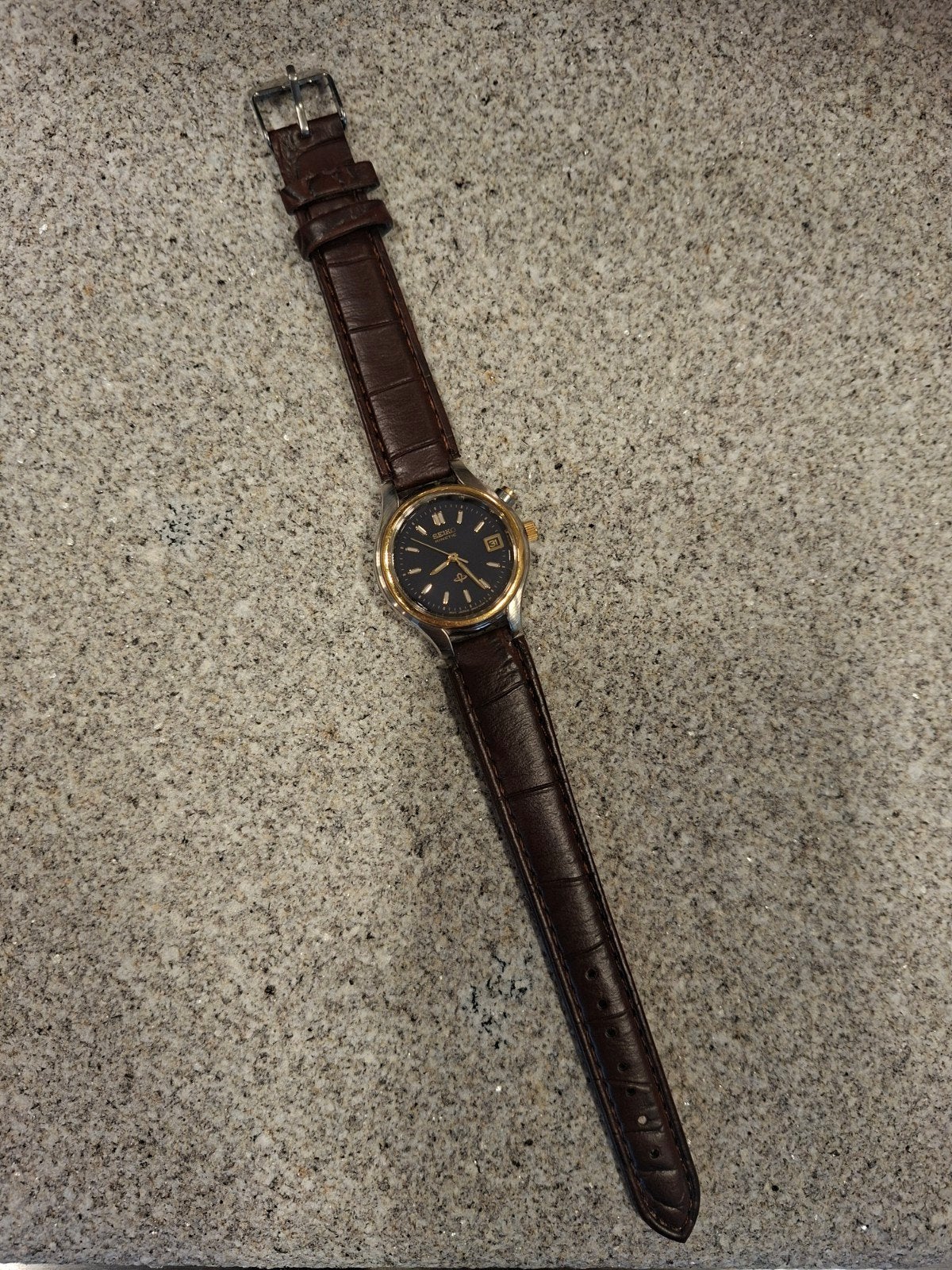 Seiko Kinetic Horloge - Goudkleurige Bezel & Lederen Band, Ophalen of Verzenden, Zo goed als nieuw, Leer, Seiko