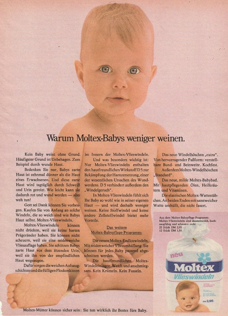 Retro reclame 1972 Moltex baby luiers ze huilen minder, Verzenden, Overige typen