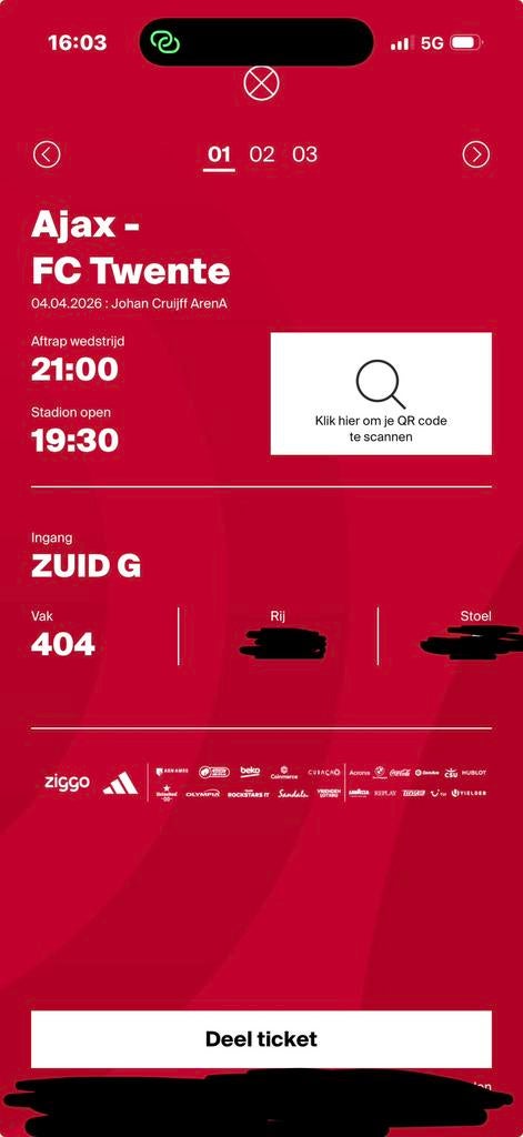 3 kaartjes ajax vs Fc twente, Tickets en Kaartjes, Twee personen, April