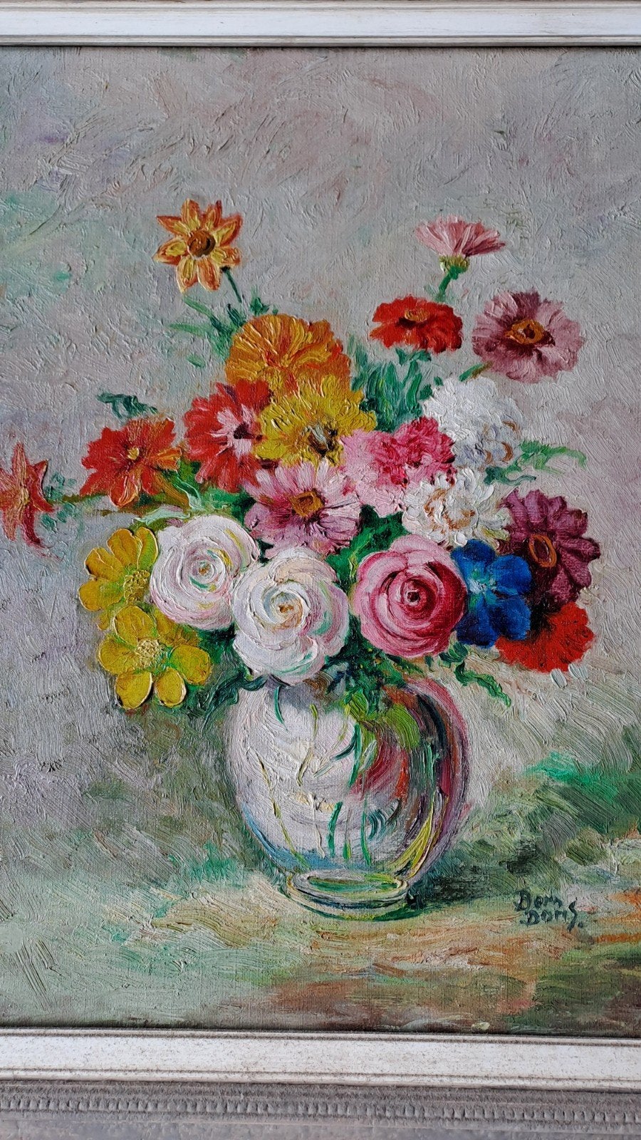 Schilderij: Kleurrijk Bloemenstilleven in Vaas, gesigneerd, Antiek en Kunst, Kunst | Schilderijen | Klassiek, Ophalen of Verzenden