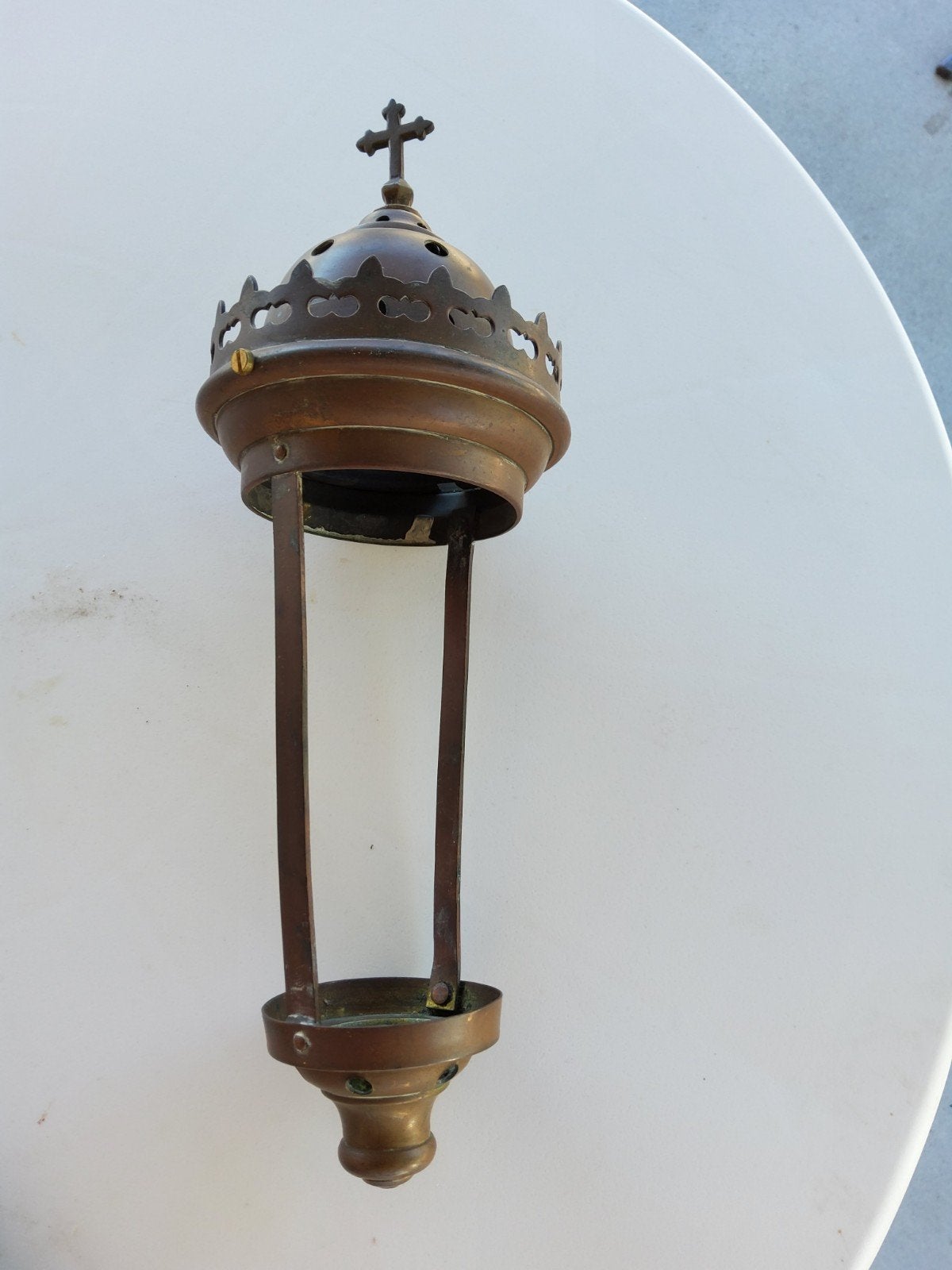 Antieke koperen kerklamp met kruisje, Ophalen of Verzenden