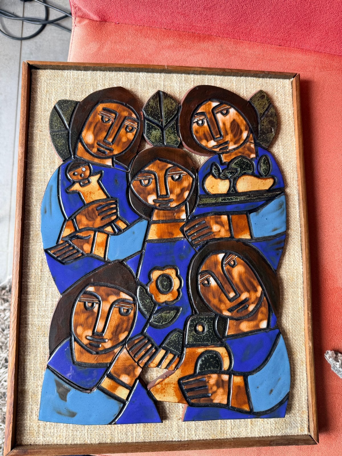 Keramiek wanddecoratie: Familie met bloem en fruit, Ophalen, Groep mensen, Blauw, 50 - 100 cm