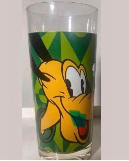 Groot glas met afbeelding van Pluto en verzw. bodem. H.14 cm, Ophalen of Verzenden, Zo goed als nieuw, Frisdrankglas