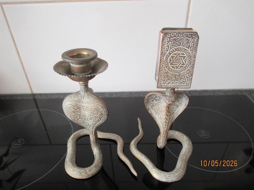 MESSING COBRA KANDELAAR+ MESSNING LUCIFERHOUDER- INDIA-C1950, Antiek en Kunst, Ophalen of Verzenden
