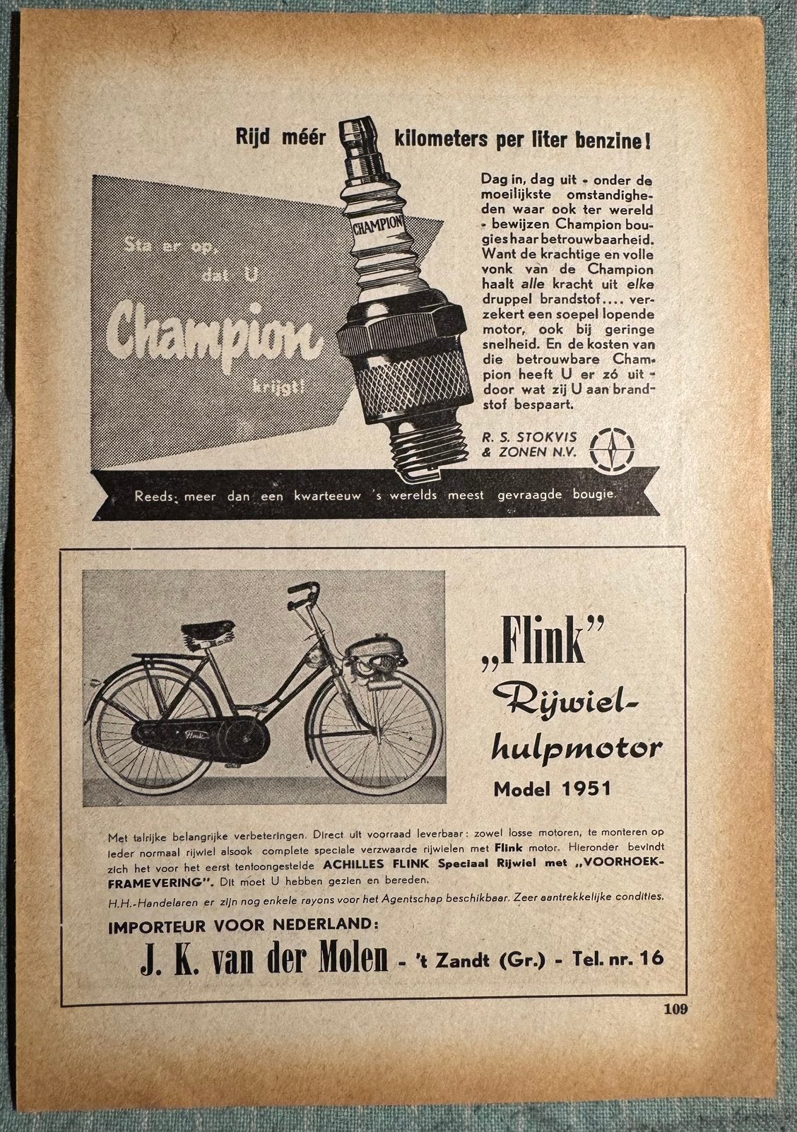 Advertentie 1951 Flink rijwiel hulpmotor, Verzenden, Zo goed als nieuw, Motoren