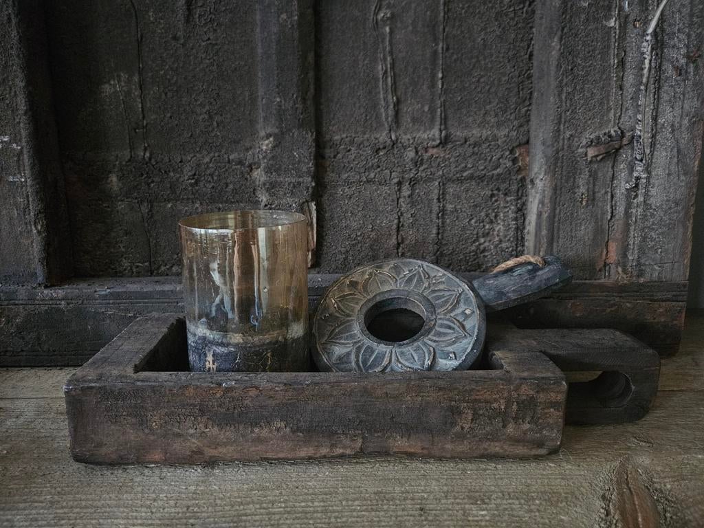 Sober decoratie set - Houten bakje met glazen vaasje, Ophalen, Gebruikt