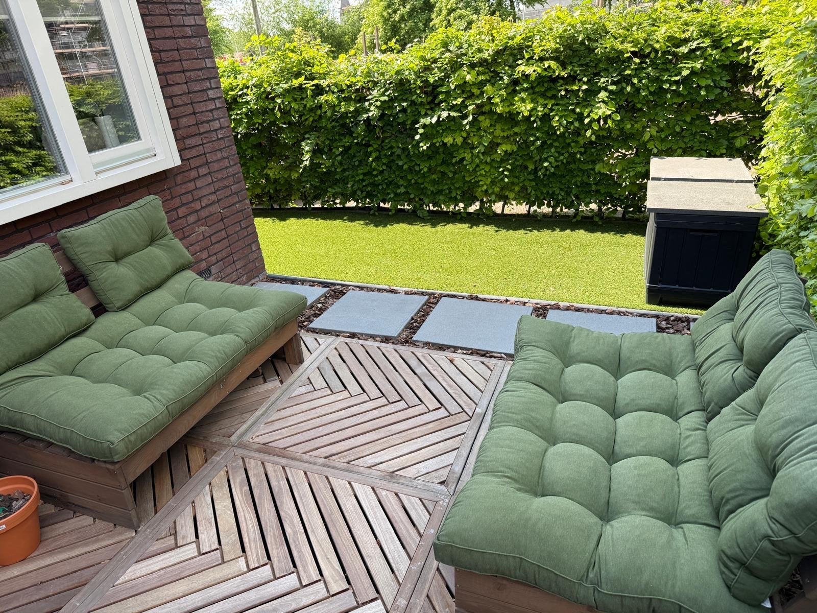 tuinset met groene kussens, Tuin en Terras, Tuinsets en Loungesets, Ophalen, 4 zitplaatsen, Gebruikt, Hout