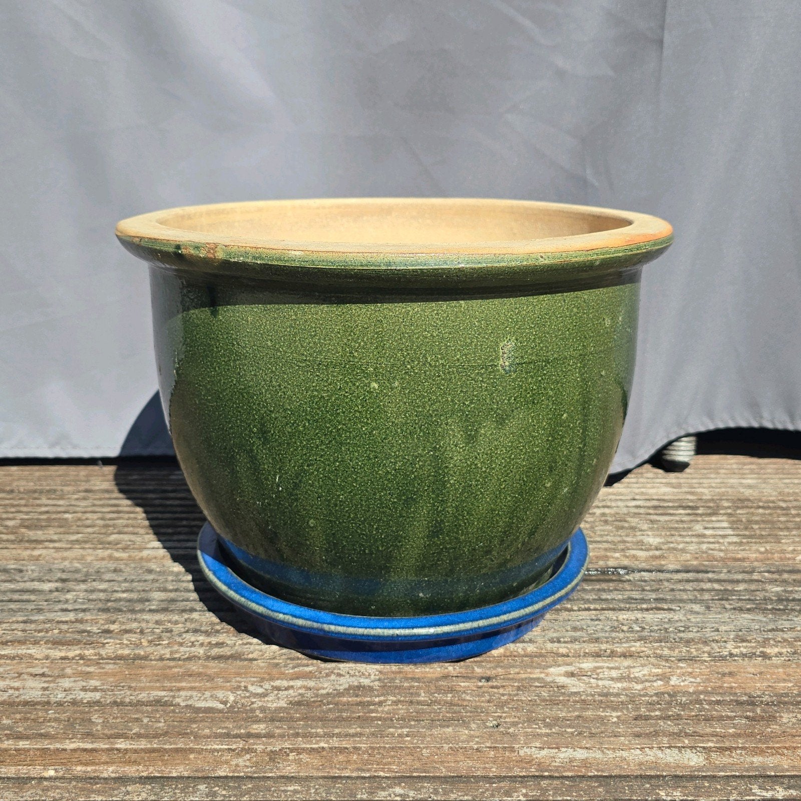 Grote Groene Chinese Geglazuurde Bloempot met Blauwe Schotel, Tuin en Terras, Bloempotten, Rond, Zo goed als nieuw, Minder dan 40 cm