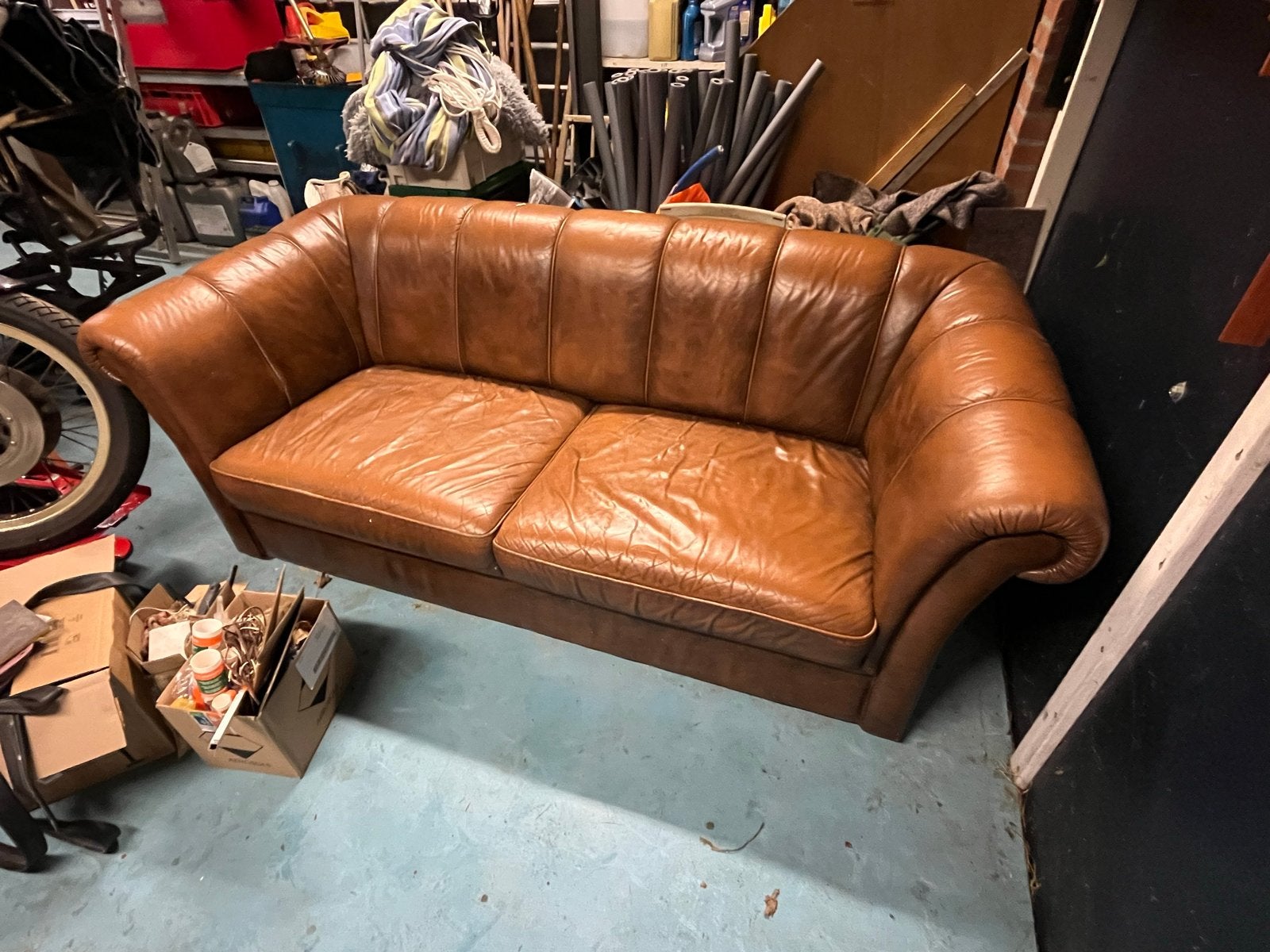 Cognac bruin leren bankstel | 2,5-zits 3-zits | 210 x 90, Ophalen, Gebruikt, Driepersoons, 200 tot 250 cm