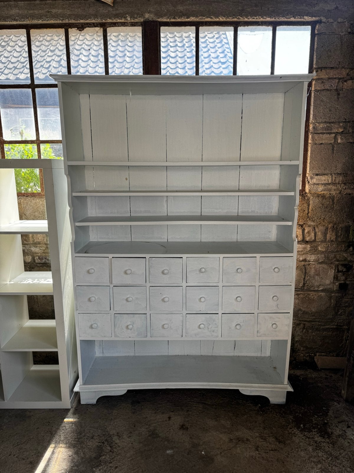 Vintage Apothekerskast landelijk brocante met 18 Lades - Wit, Ophalen, Gebruikt, 100 tot 150 cm, Met lade(s)