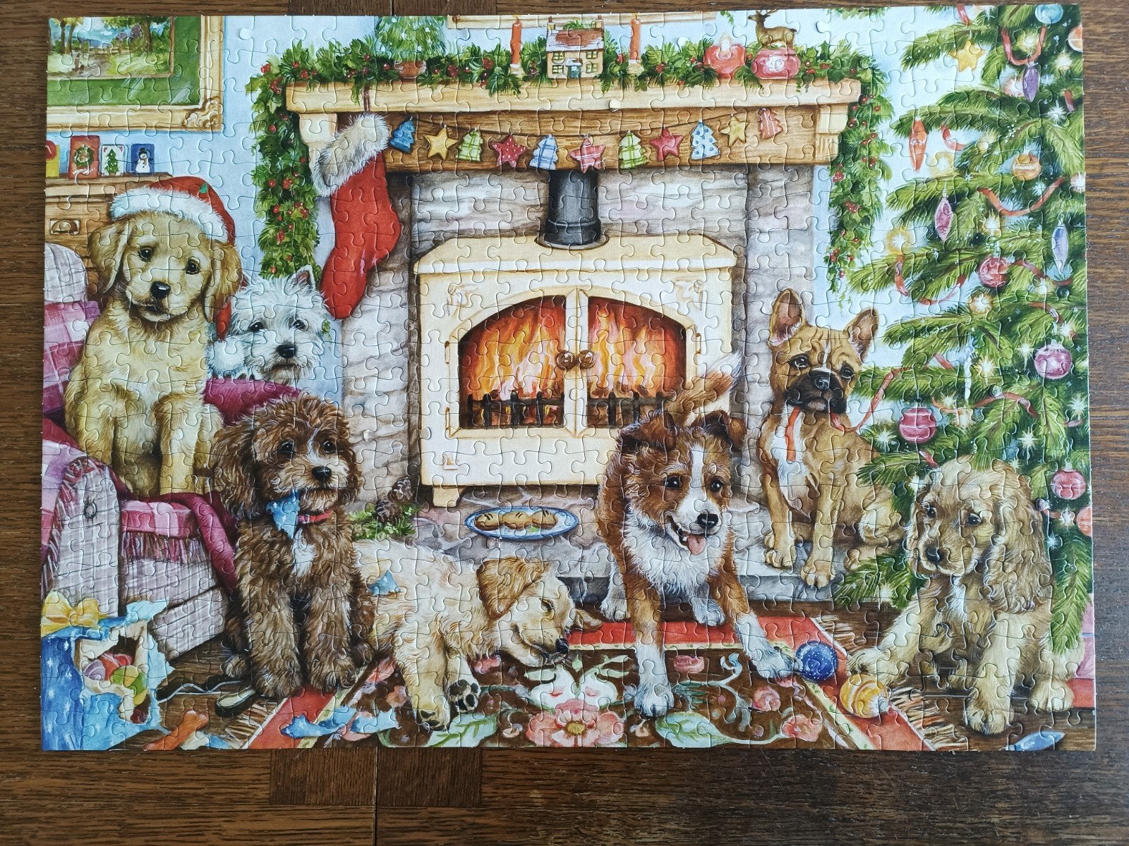 Falxon Puzzel 500 Stukjes - Kerstmis met Puppy's, Ophalen of Verzenden, 500 t/m 1500 stukjes, Gebruikt, Legpuzzel