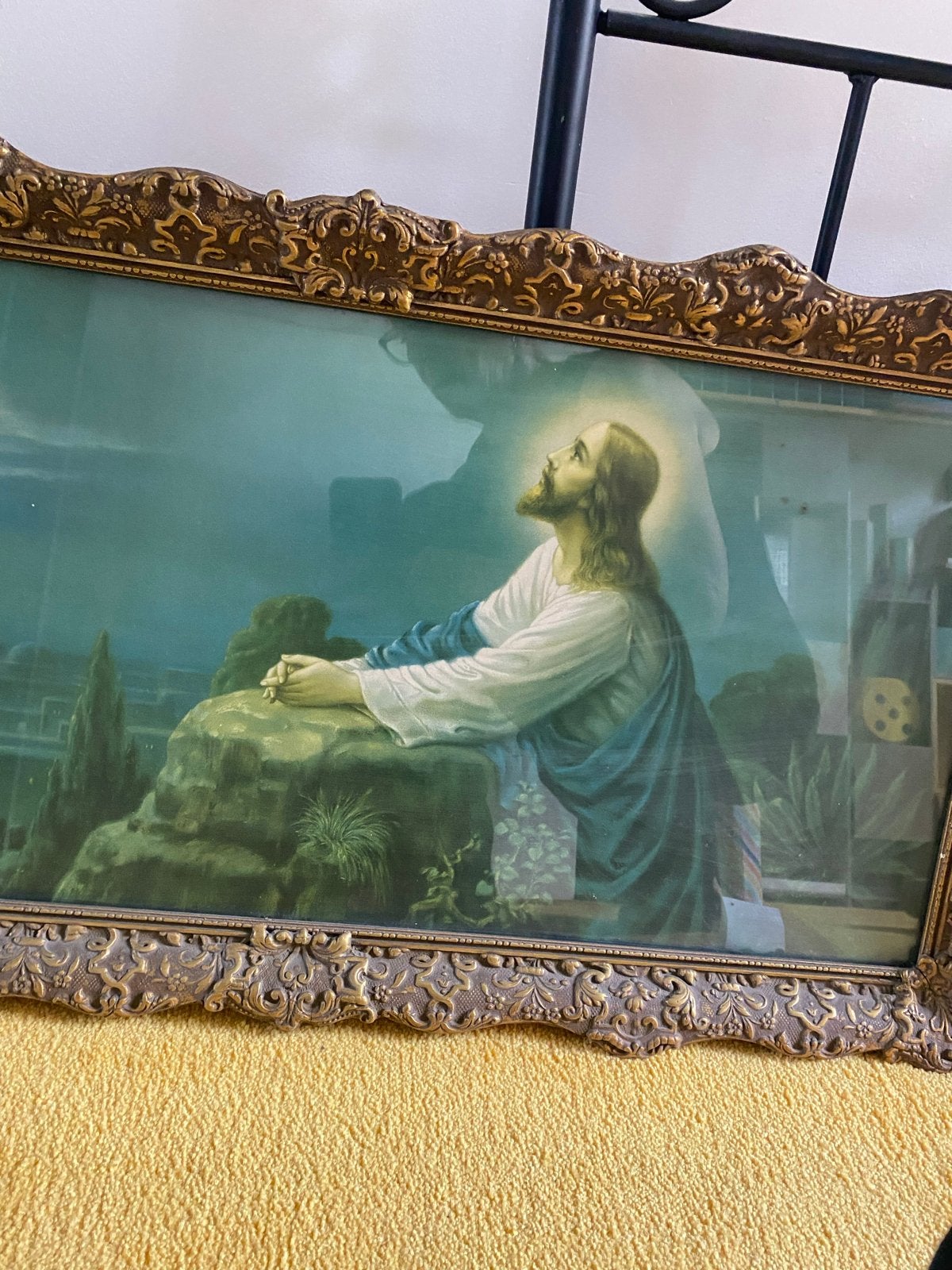 Antieke ingelijste prent van Jezus in gebed, Antiek en Kunst, Ophalen