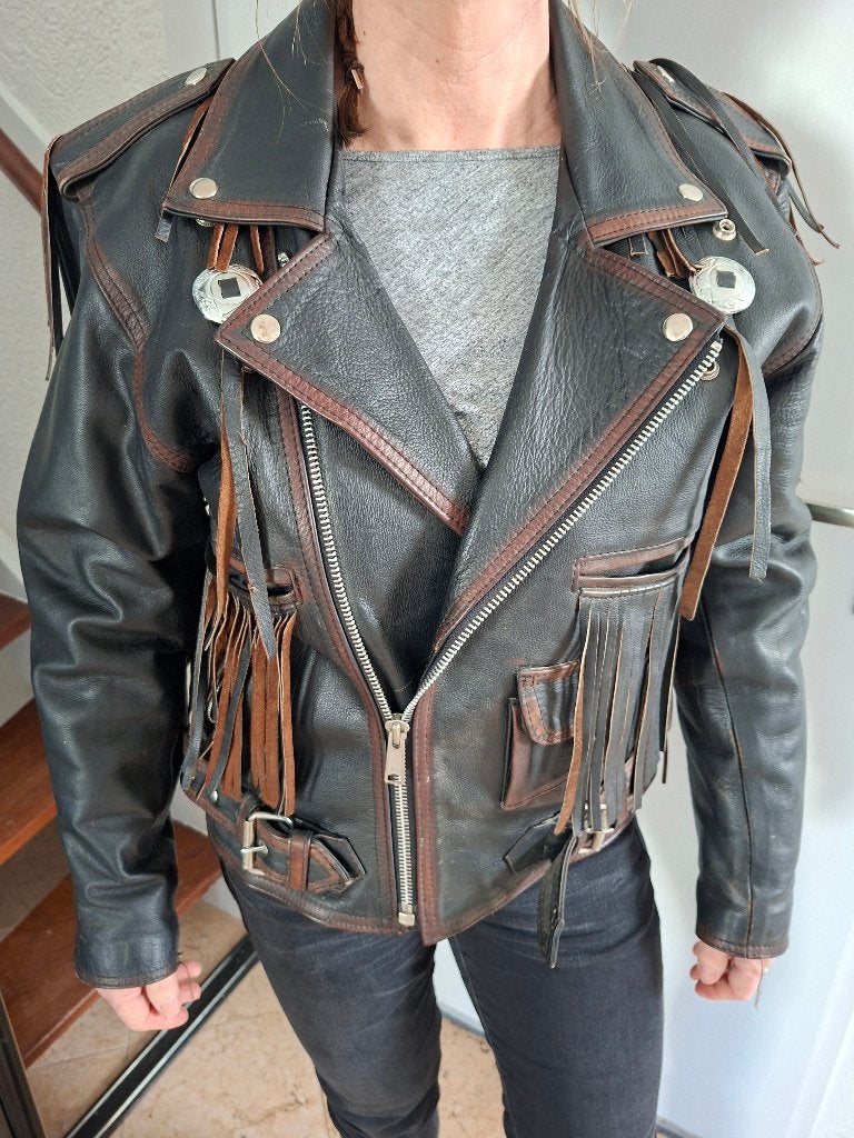 stoere dames winterjas met franjes - zware kwaliteit leder, Kleding | Dames, Maat 38/40 (M), Bruin, Ophalen of Verzenden, Unisa