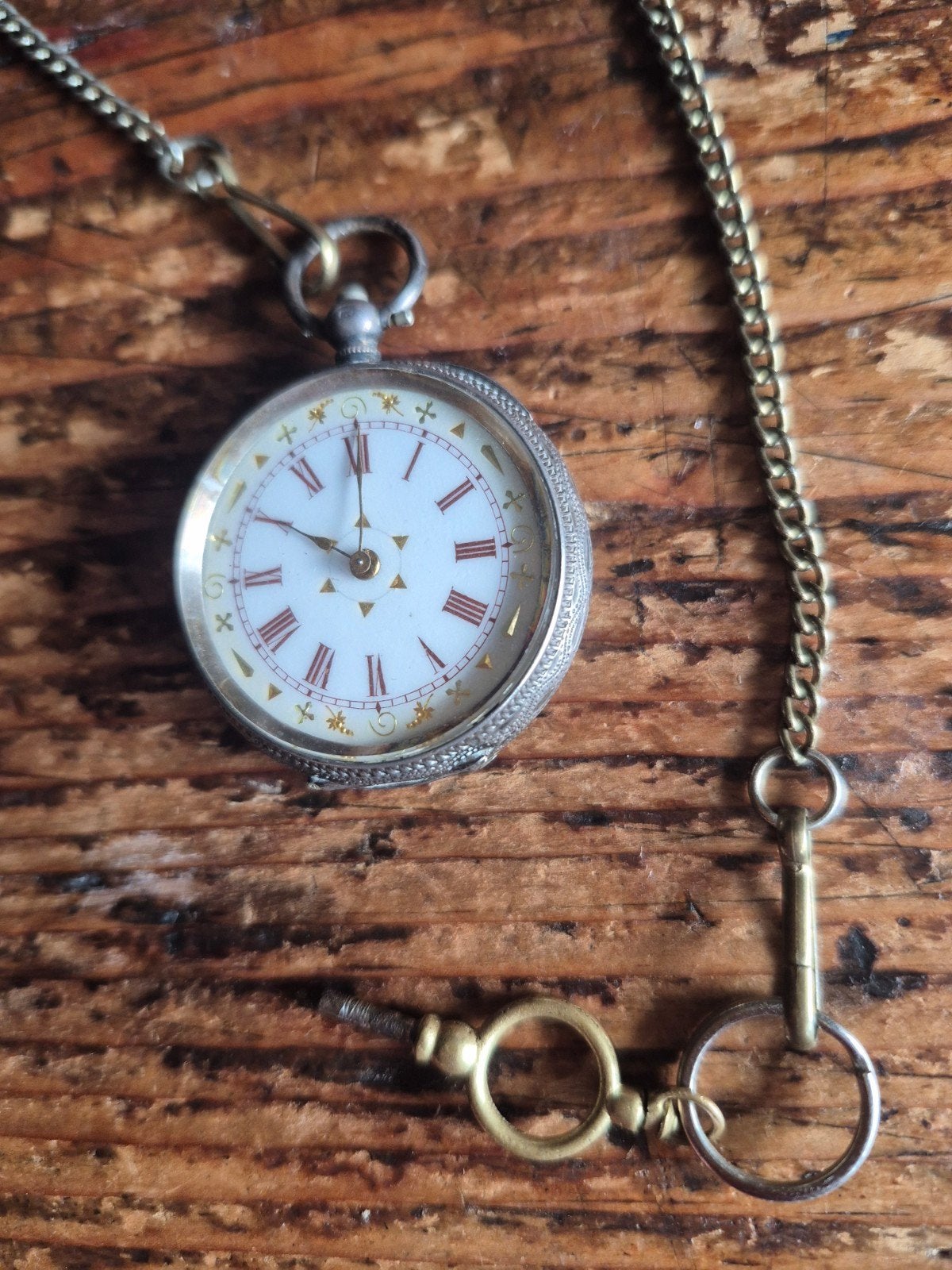 Antiek zilveren (935, Zwitsers) horloge met sleutel, Overige merken, Zakhorloge, Ophalen of Verzenden, Met ketting