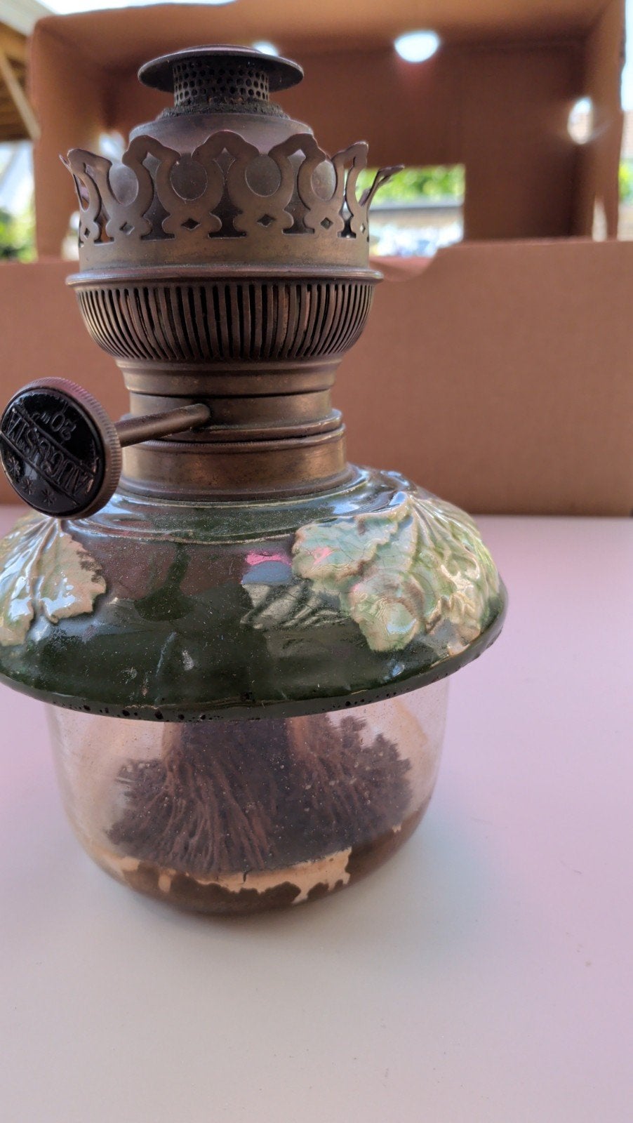 Antieke Augusta olielamp - Groen en brons, Ophalen of Verzenden