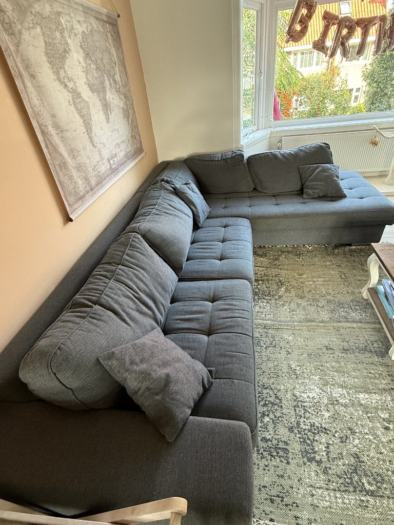 Goossens hoekbank donkergrijs/ ruime comfortabele loungebank, Huis en Inrichting, Ophalen, 250 tot 300 cm, Gebruikt, Hoekbank