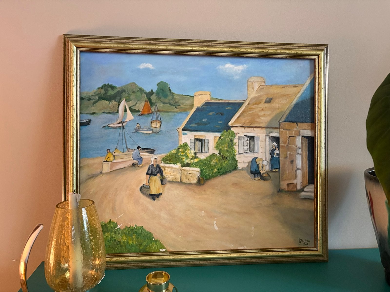 Schilderij havengezicht met figuren en boten, Ophalen, Maritiem / water, Doek, Realistisch
