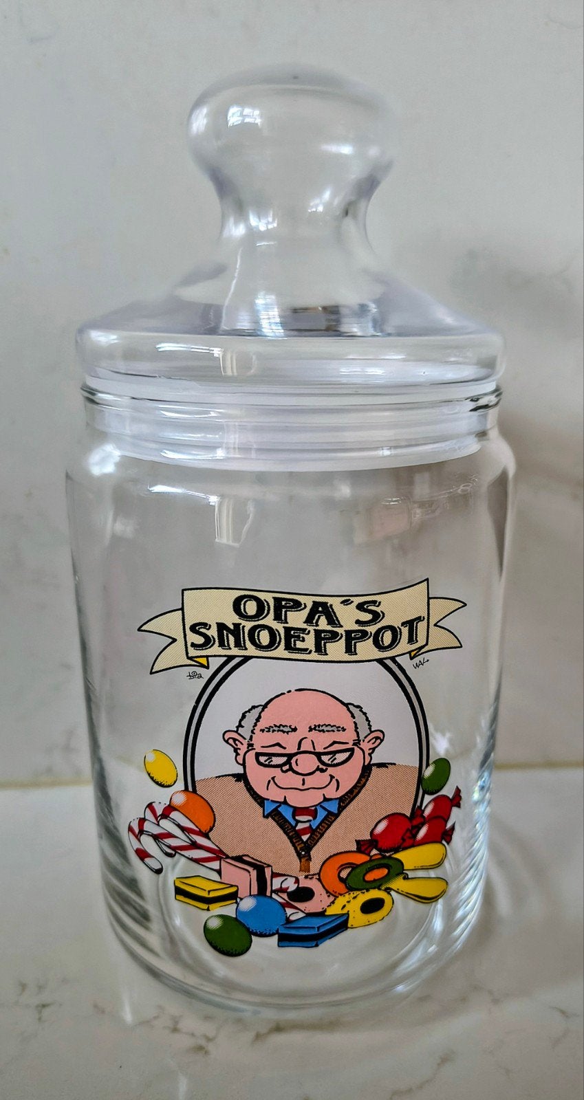Opa's Snoeppot - Leuke Glazen Pot met Deksel, Huis en Inrichting, Meerkleurig, Overige stijlen, Ophalen of Verzenden, Zo goed als nieuw