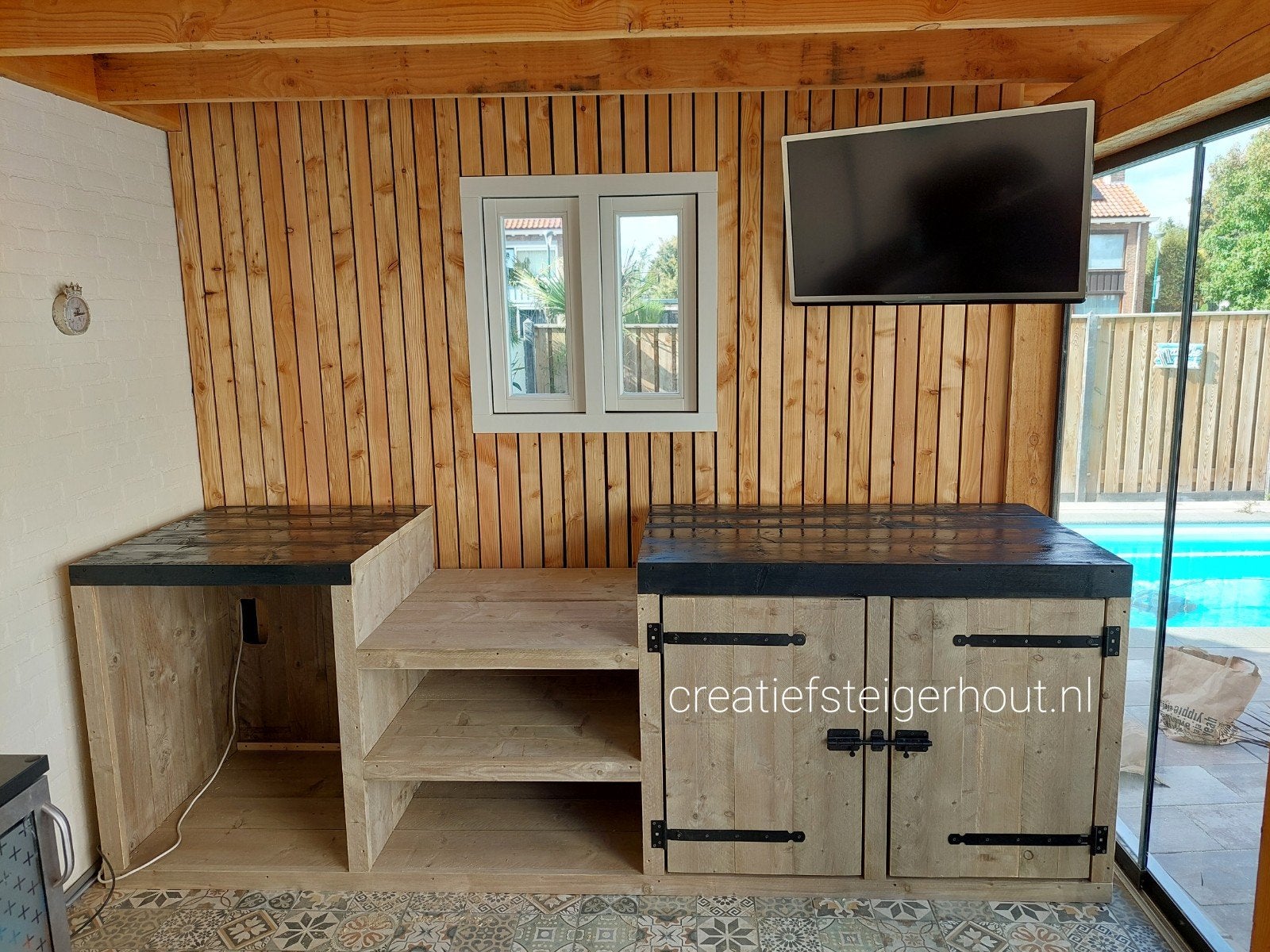 Houten buitenkeuken gas bbq koelkast mancave steigerhout, Verzenden, Nieuw, Gas, Inbouw