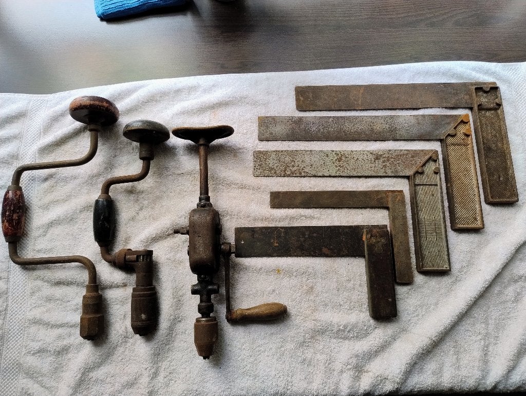 2 x handboor oudjes 5 x winkelhaak onderste houten handvat, Ophalen of Verzenden