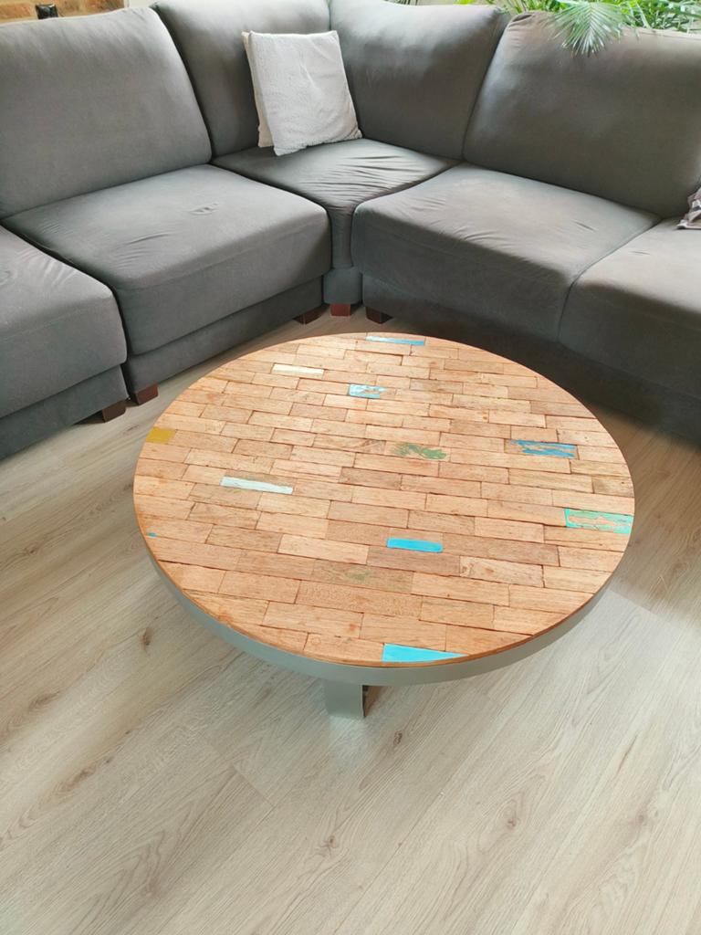 Ronde salontafel met uniek houten blad - 1m diameter, Ophalen, Gebruikt, 50 tot 100 cm, Rond