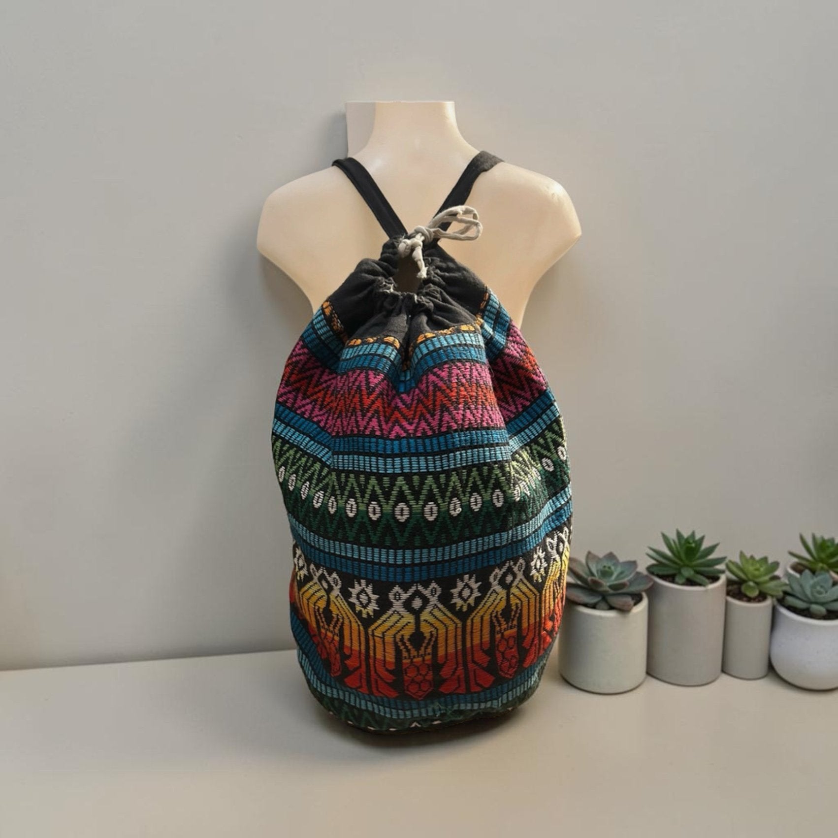 Vintage Rugtas One Size Multikleur Gehaakt Hippie Knapzak, Overige merken, Gebruikt, Verzenden, Vintage