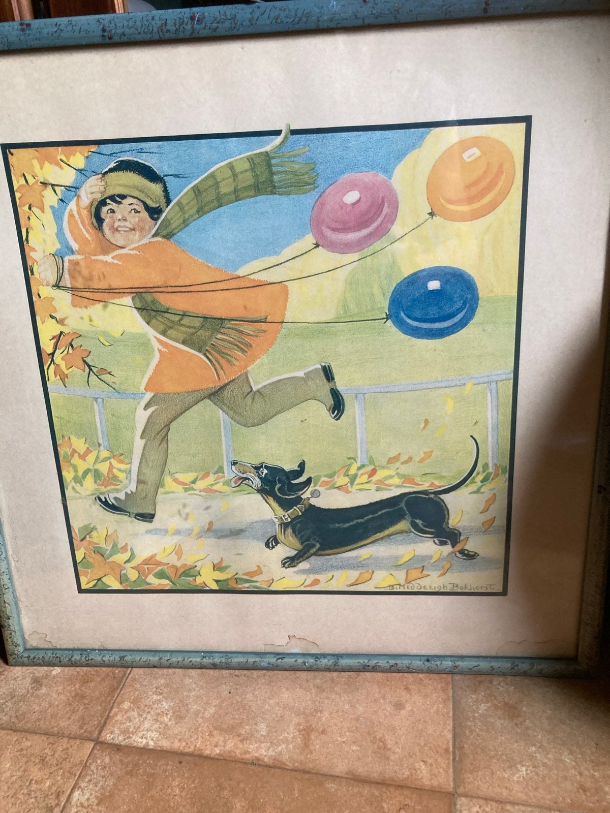 Ingelijste prent 'Spelend meisje met ballonnen en teckel', Ophalen of Verzenden, Lithografie, 1900 - 1949, Ingelijst