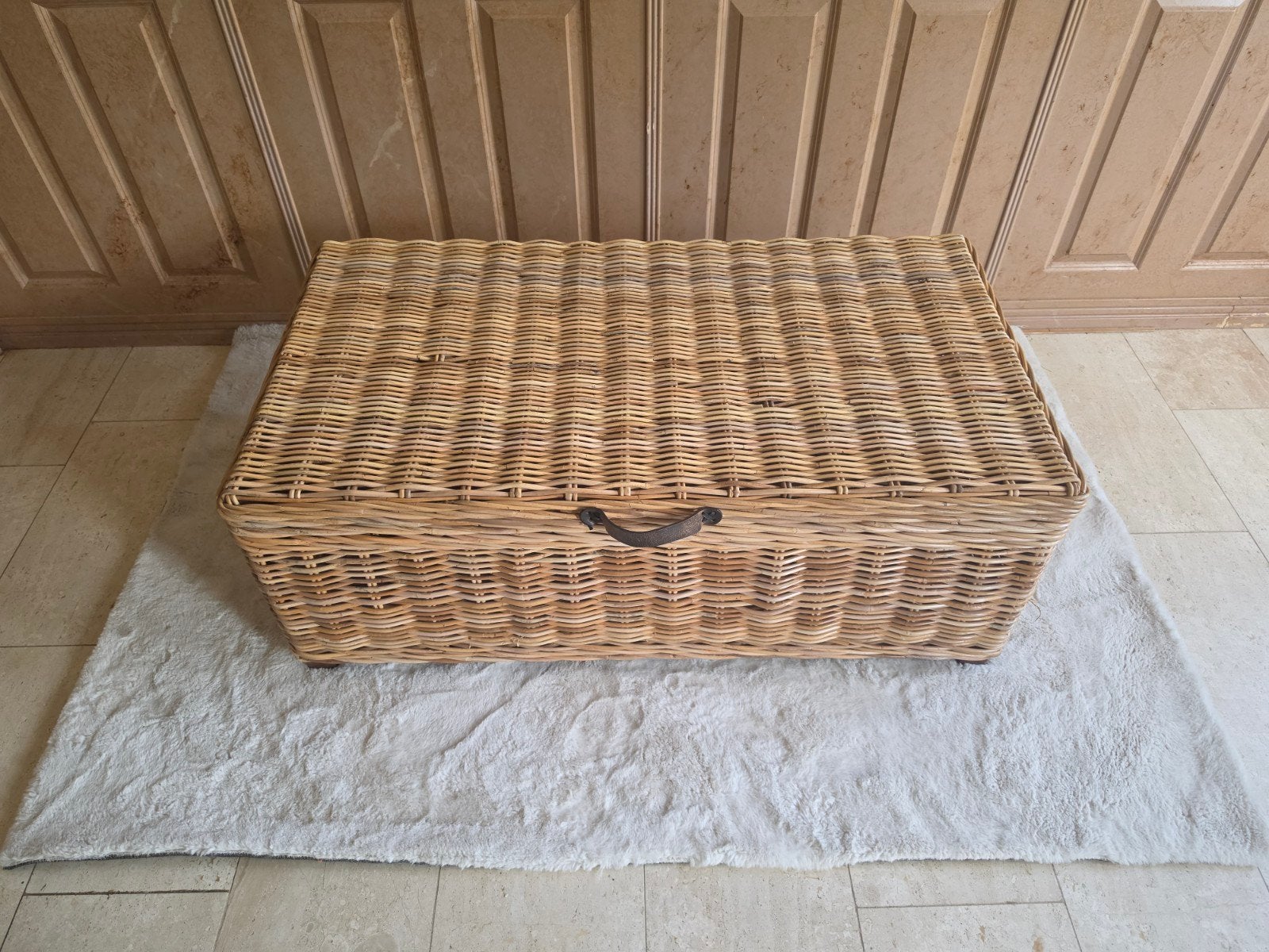 Grote rotan kist met luchtvering en lederen handvaten, Overige materialen, 50 tot 100 cm, Ophalen of Verzenden, Zo goed als nieuw