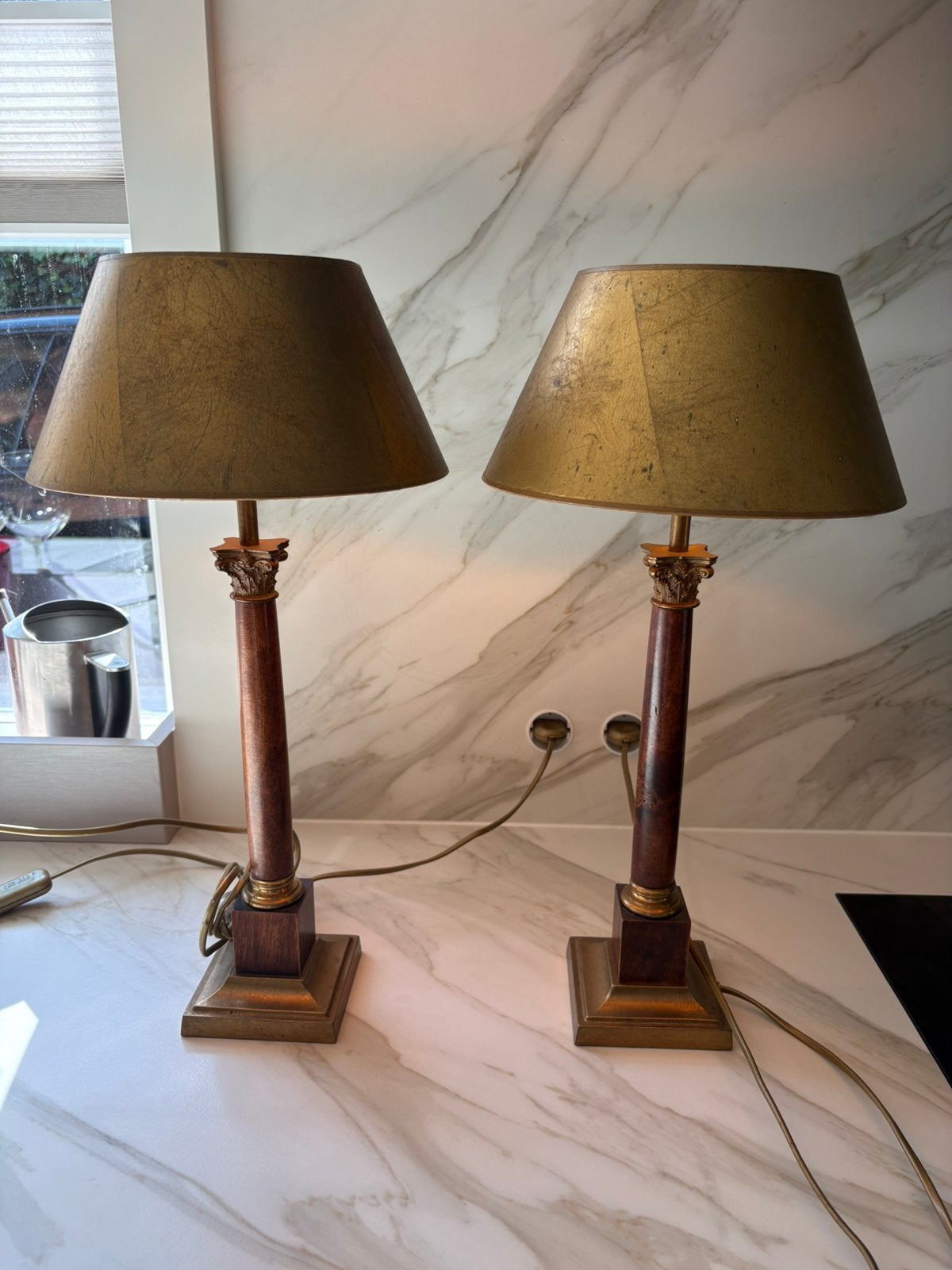 Klassiek paar tafellampen – bladgouden kappen vintage, Inclusief lichtbron, Goud, Zo goed als nieuw, Klassiek