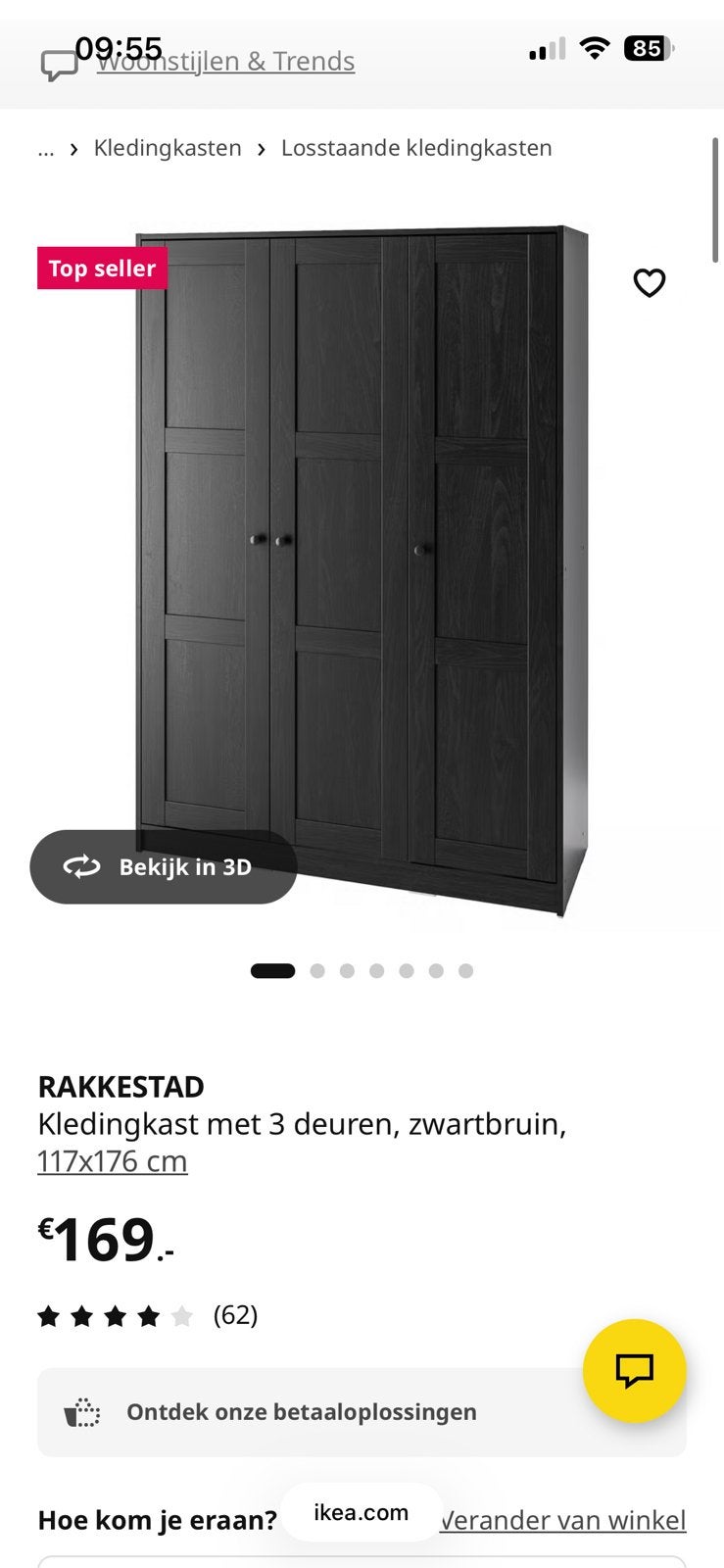 Rakkestad kledingkast zwart, 3 deurs, 117x176, Huis en Inrichting, Kasten | Kledingkasten, Ophalen, Zo goed als nieuw, 50 tot 75 cm