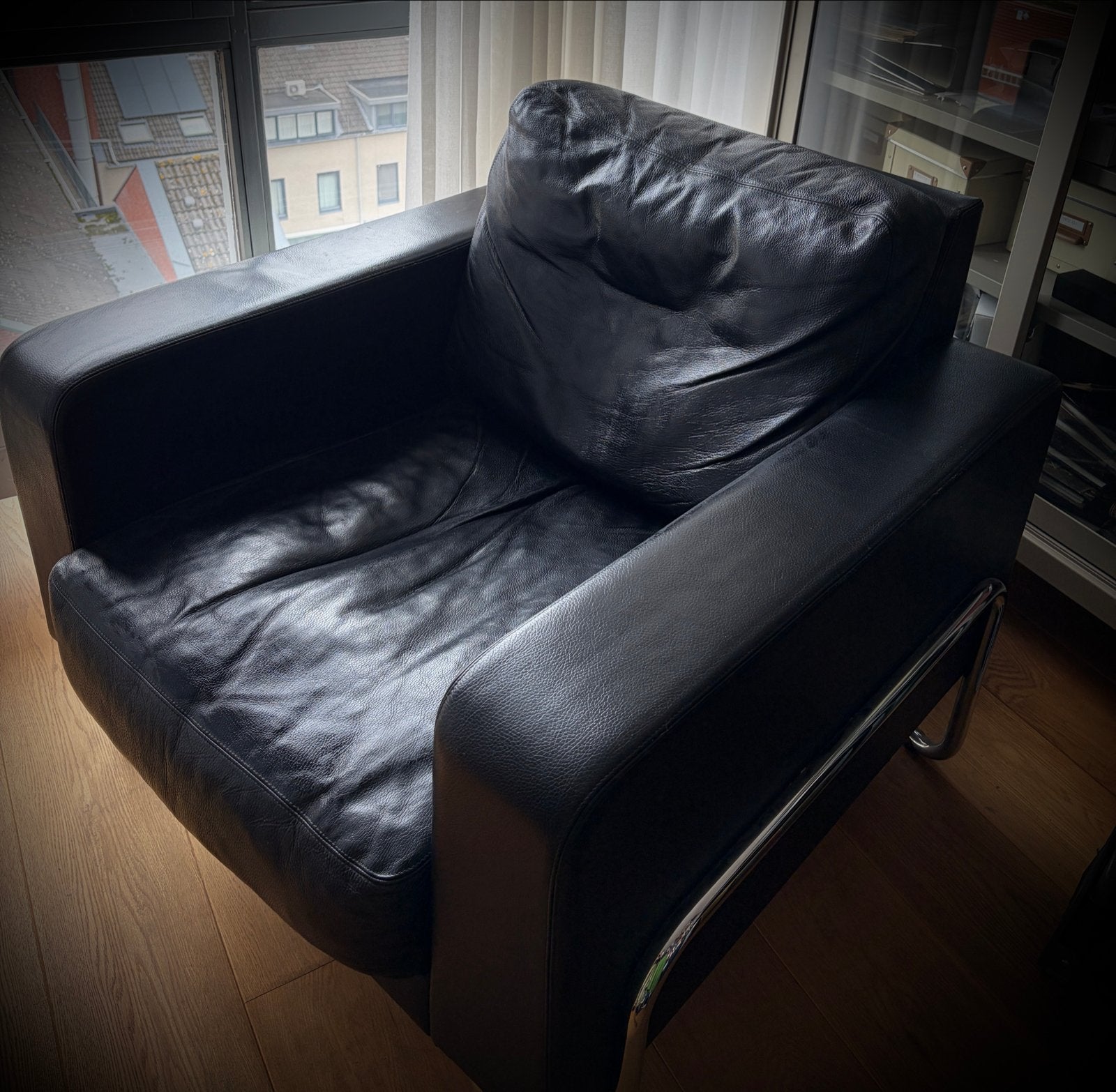 Originele Gispen Fauteuil - Zwart Leer, Ophalen, Gebruikt, Leer