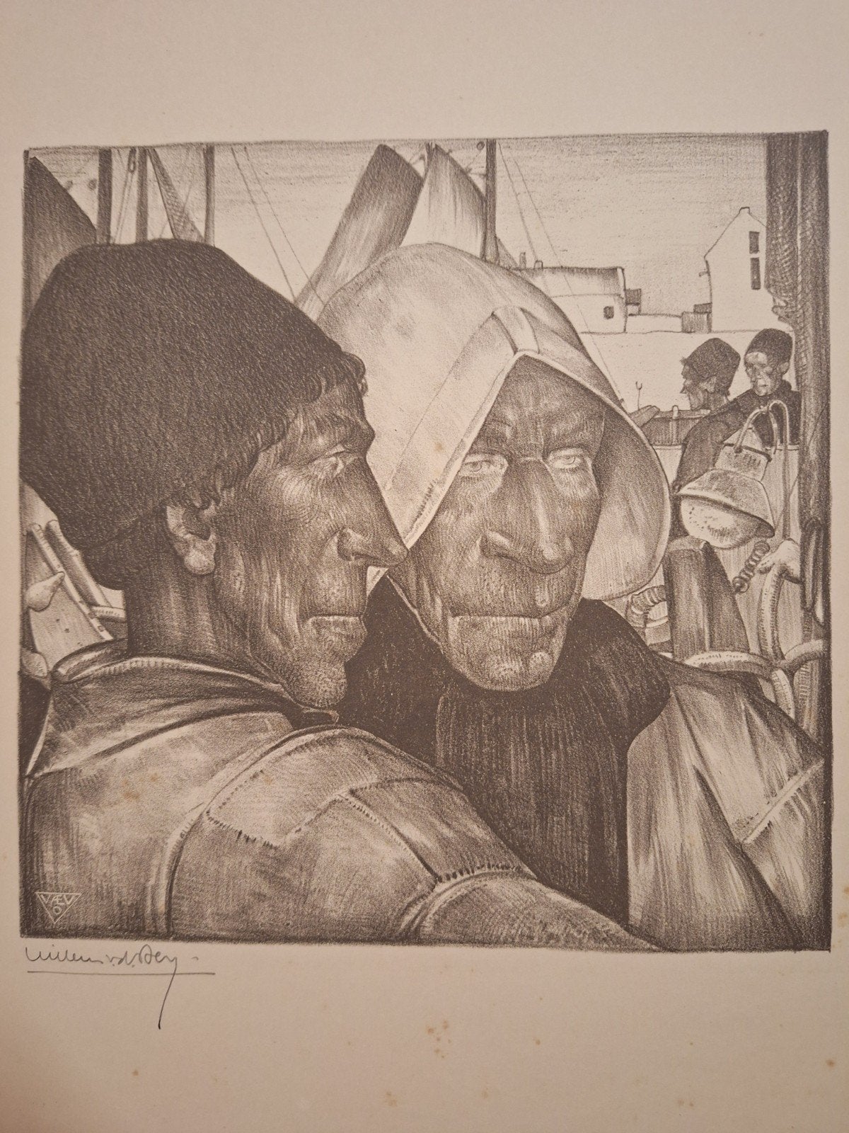 Lithografie 'Vissers' door Willem van den Berg, Antiek en Kunst, Kunst | Litho's en Zeefdrukken, Origineel, Verzenden, Portret en Figuren