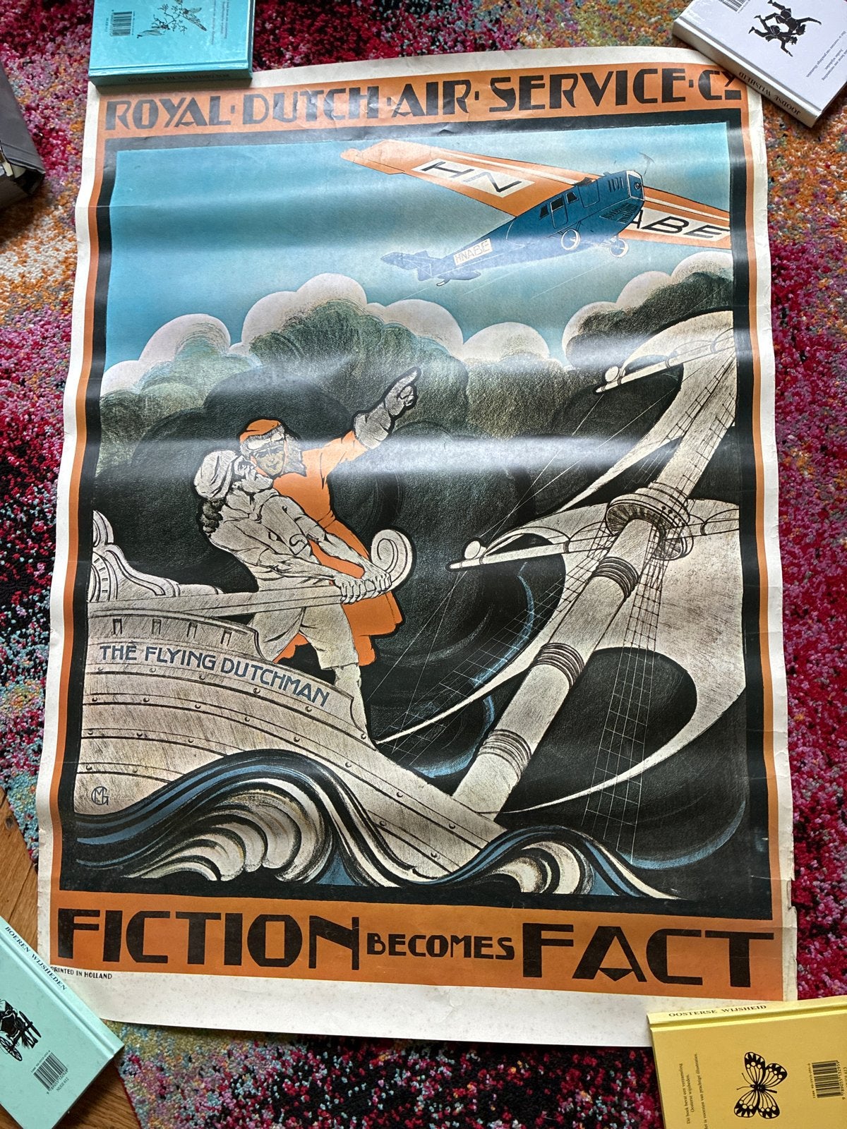 Vintage Royal Dutch Air Service Poster - The Flying Dutchman, Deurposter of groter, Ophalen of Verzenden, Overige onderwerpen
