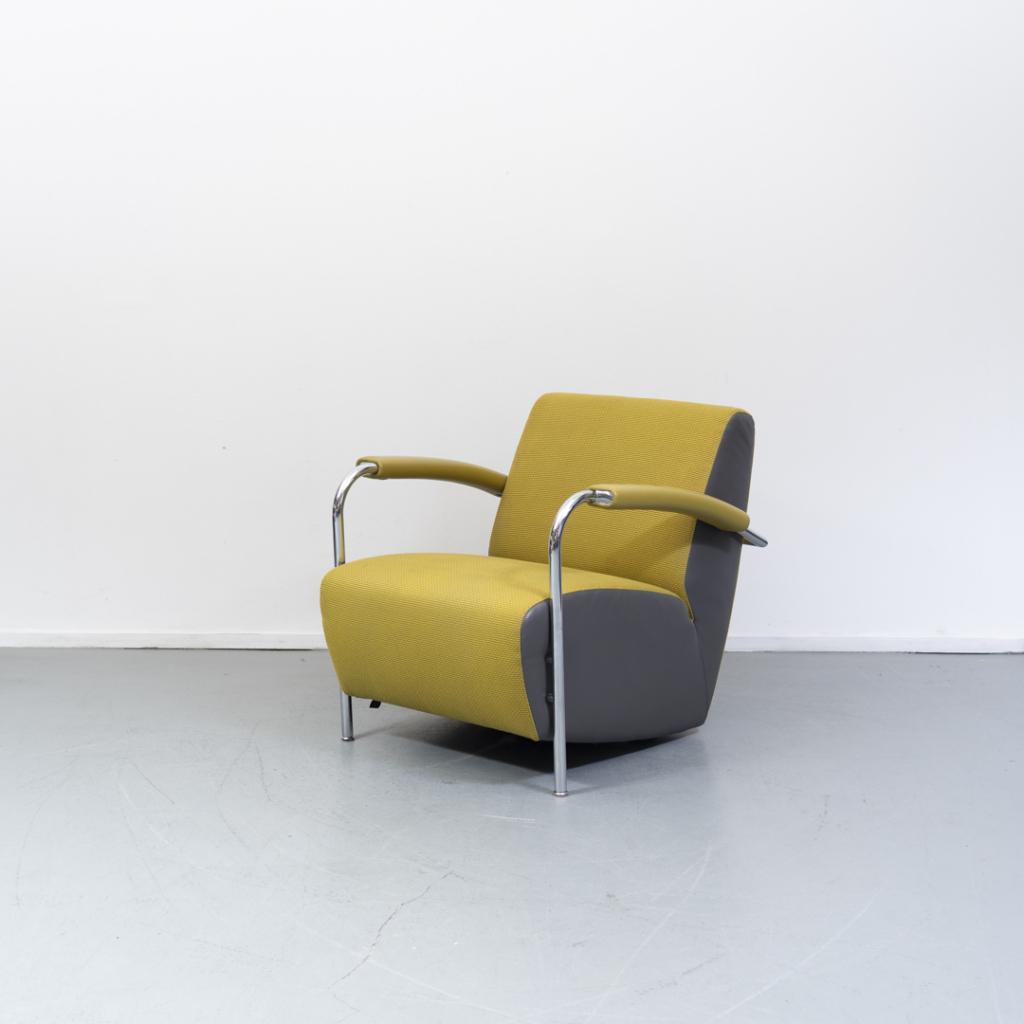 1x Leolux Scylla fauteuil geel/grijze stof, Huis en Inrichting, Fauteuils, Niet ingevuld, Niet ingevuld, Leer, Ophalen of Verzenden
