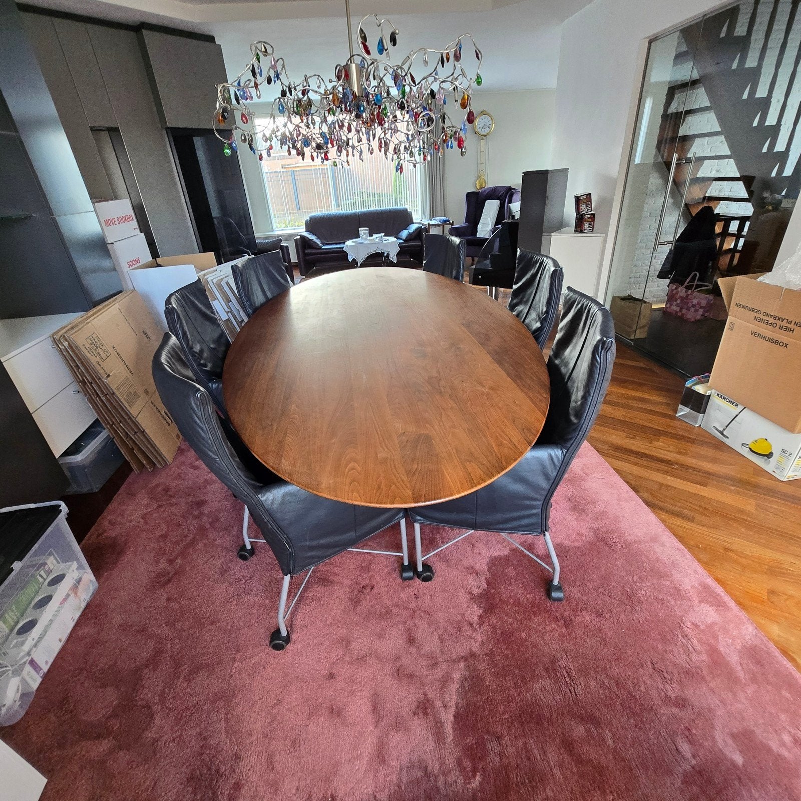 Ovale eettafel met metalen poot, Huis en Inrichting, Overige houtsoorten, Gebruikt, 100 tot 150 cm, Ophalen of Verzenden