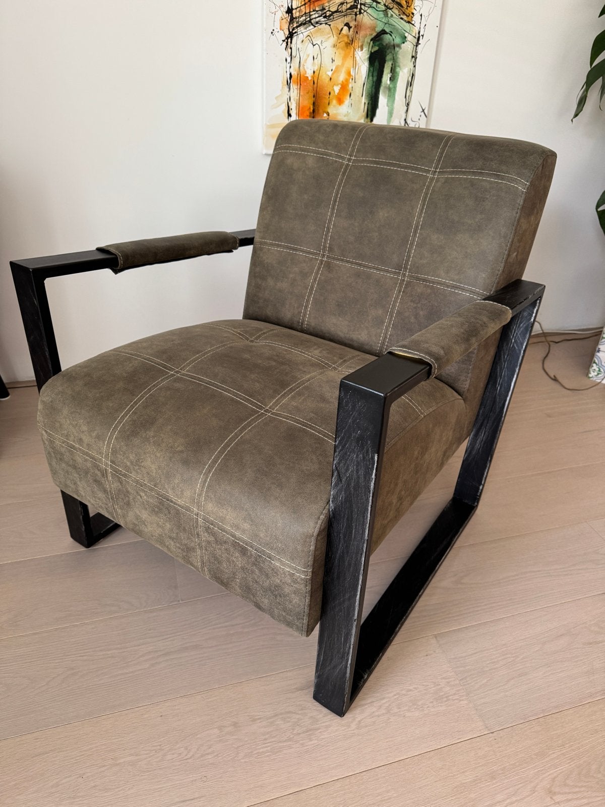 Industriele fauteuil olijfgroen, Ophalen, Overige kleuren, Zo goed als nieuw, Eén