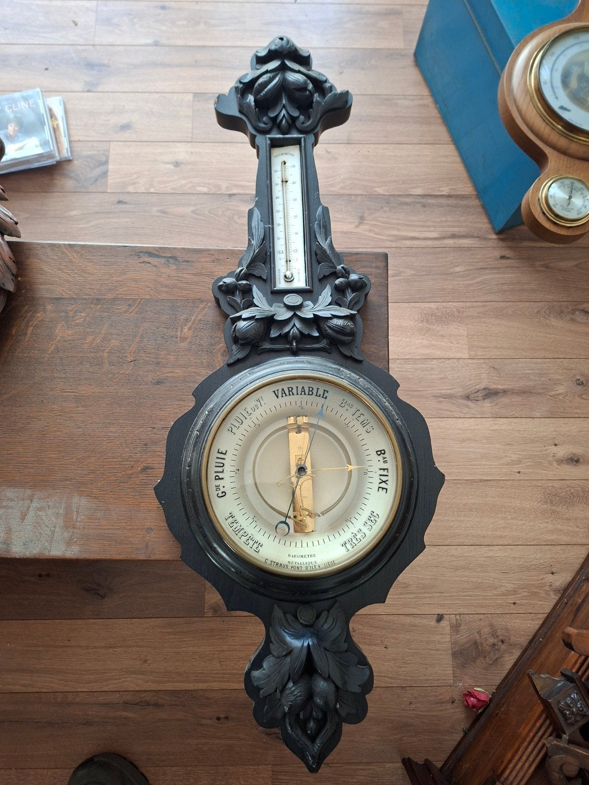 Antieke Barometer en Thermometer - G. Straus, Luik, Audio, Tv en Foto, Ophalen of Verzenden, Gebruikt, Barometer