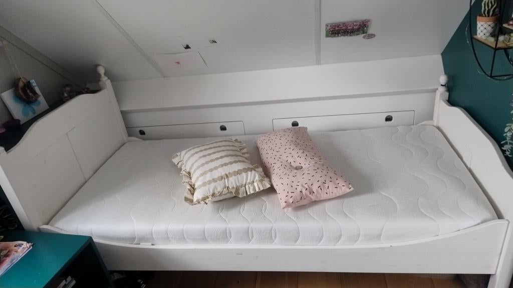 Een persoonsbed wit zonder matras, Ophalen, Gebruikt, 90 cm, Eenpersoons