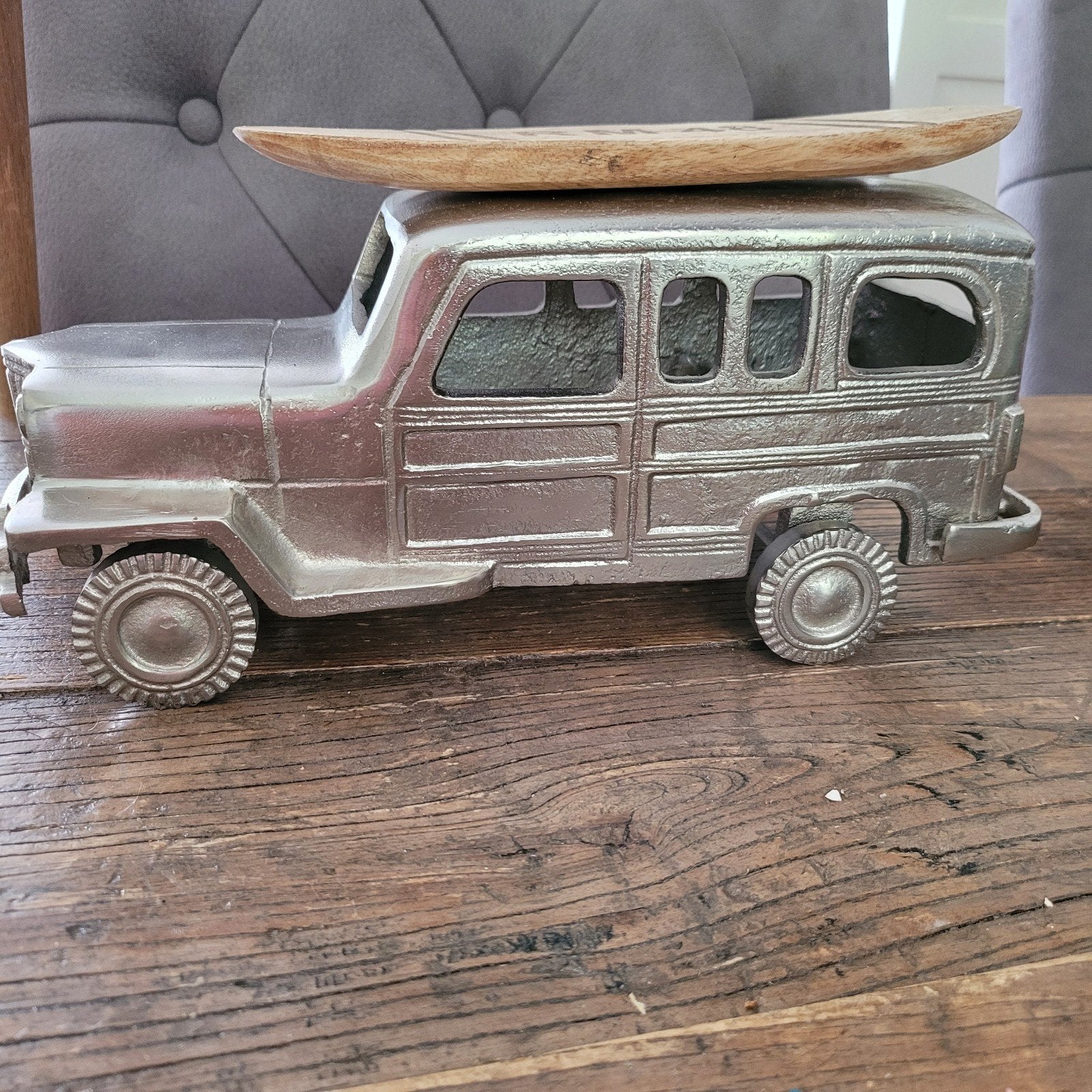 Riviera Maison Jeep met surfplank, Ophalen, Metaal, Zilver, Landelijk