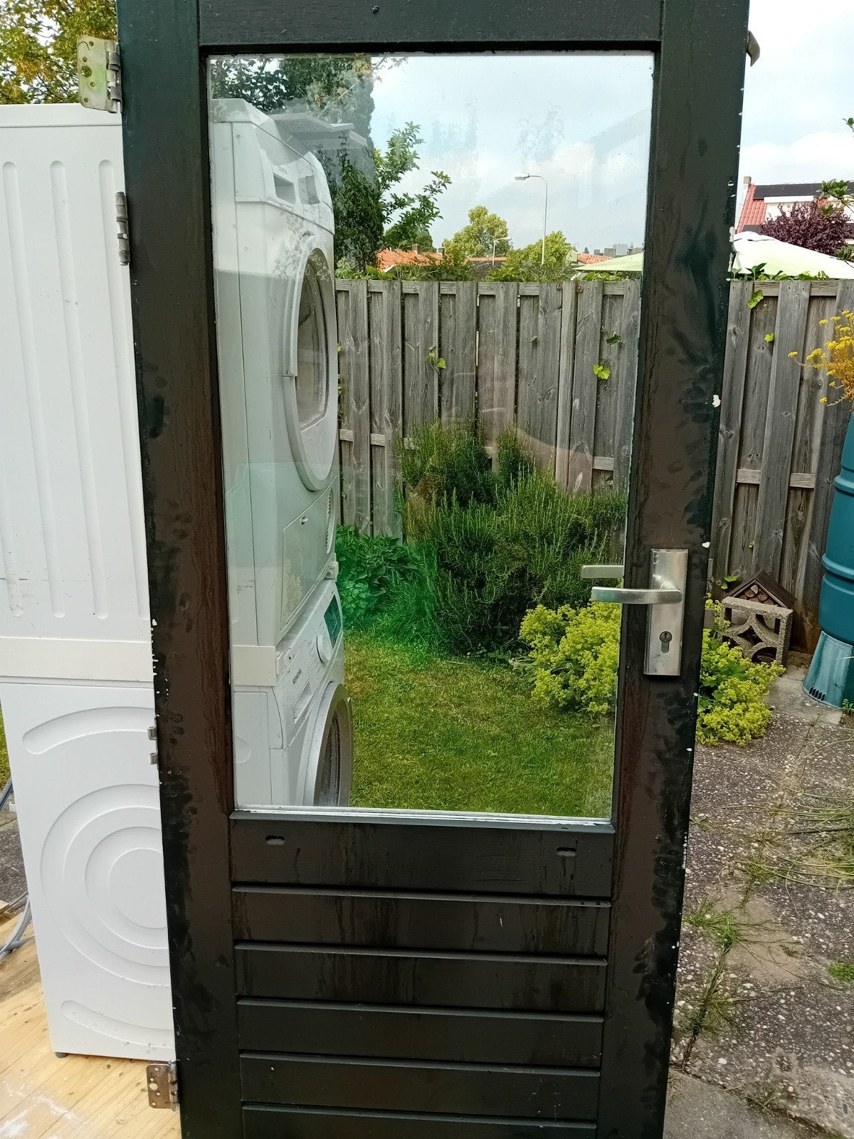 Hardhouten buitendeur met driepuntssluiting en dubbel glas, Ophalen, Gebruikt, 80 tot 100 cm, Minder dan 200 cm