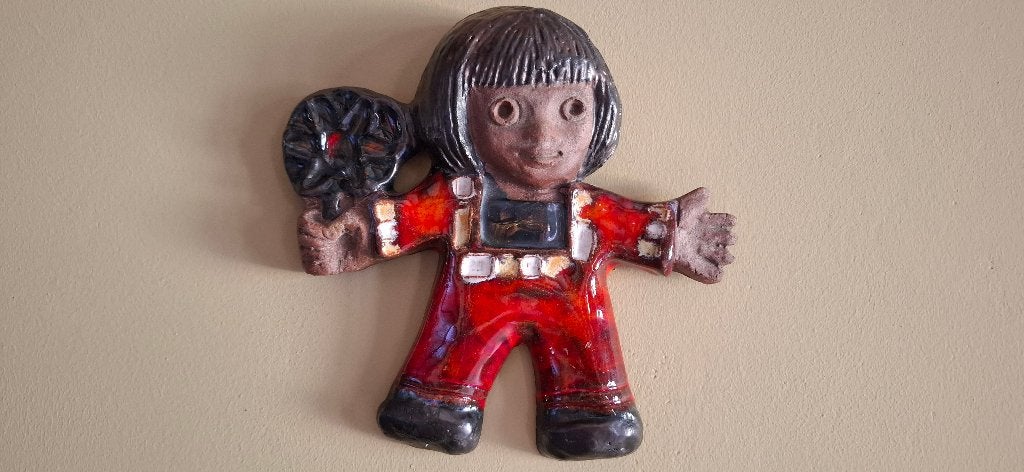 Vintage keramische wandsculptuur "kind met bloem"/Perignem, Antiek en Kunst, Antiek | Keramiek en Aardewerk, Ophalen of Verzenden