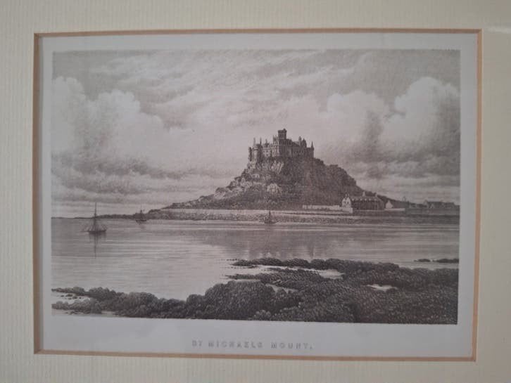 St.Michael's Mount Cornwall Engeland oude gravure of litho, Antiek en Kunst, Achter glas, Ophalen of Verzenden, Landschap, Klassiek