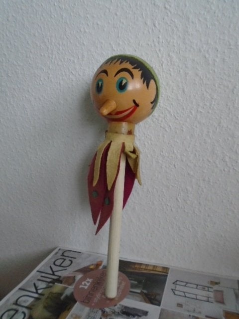 oude Pinokkio action head spinner, muziekdoos op stok, Ophalen of Verzenden